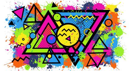 Vibrant Geometric Abstract with Splatter Paint Background.