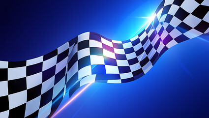 Racing checkered flag waving on blue background with light effects motion concept