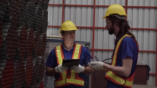 Warehouse Collaboration: Two workers in hard hats and safety vests confer in a warehouse, one holding a tablet, discussing inventory or project details amidst stacks of materials.