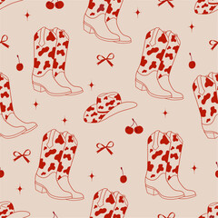 Cowboy boots and hat with cow print, cherry, star, bow. Seamless pattern. Wild West, western theme.Trendy seamless pattern. Hand drawn vector design 