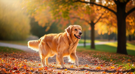A golden retriever dog walks on a path covered with autumn leaves in a park on a sunny day with trees around