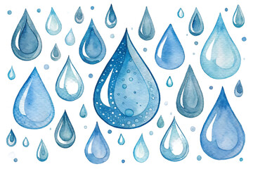 Watercolor illustration of rain drops isolated on transparent background, creating a calming and refreshing atmosphere with its cool blue tones and delicate details