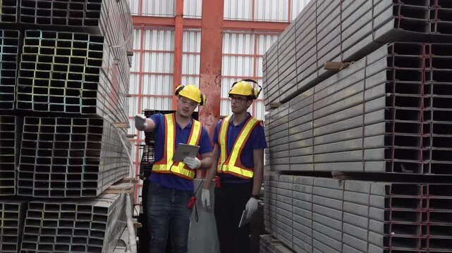 Warehouse Workers Reviewing Inventory: Two construction workers, clad in safety vests and hard hats, discuss metal inventory in a large industrial warehouse.