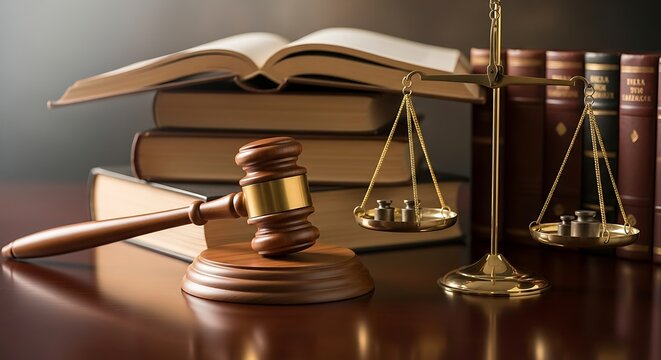 Legal balance: Gavel, scales, and books symbolizing fairness and justice in the court