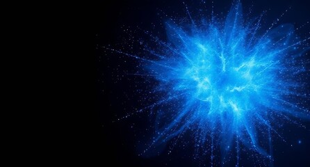 A radiant blue starlike burst against a stark black backdrop filled with glowing particles and dynamic light streaks