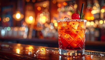 A cocktail garnished with a cherry and rosemary sits on a bar top