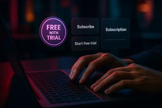 A person is using a laptop to subscribe and try free trial.  - Powered by Adobe