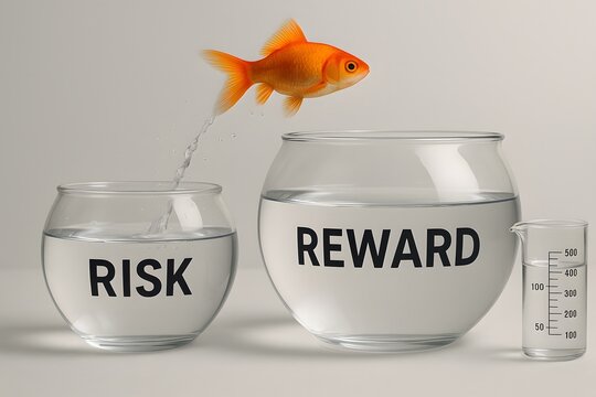 A goldfish leaps from risk to reward illustrating the concept of taking chances for success. 