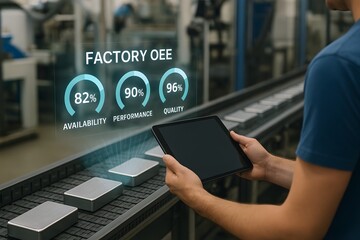 A person monitoring the factory overall equipment efficiency. 