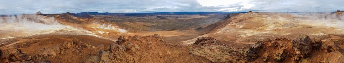 An epic panoramic vista from a rocky summit in Iceland captures the vast volcanic caldera, steaming geothermal fields of Hverir, and distant lava flows under a dramatic, cloudy sky.