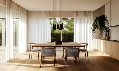 Fototapeta premium Bright and Airy Dining Room with a Touch of Nature and Modern Design