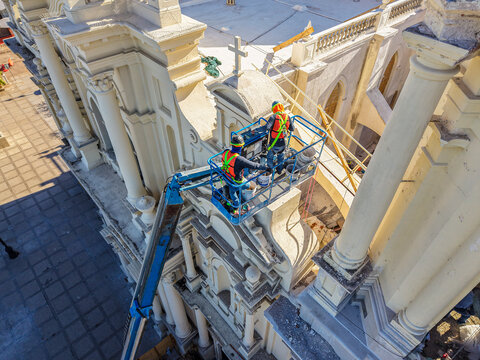 Aerial view of the restoration or remodeling of the Metropolitan Cathedral, Our Lady of the Assumption in Hermosillo, , Mexico, August 2025. religion architecture 