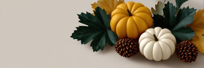 Fototapeta premium minimalist thanksgiving banner, thanksgiving web banner with minimalist design, pumpkins, and autumn leaves at the bottom, elegant serif text in the center