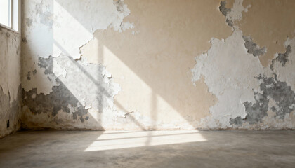 Concrete floor and aged textured wall in calm neutral interior space