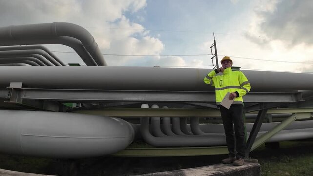 Worker in safety gear conducts inspection at piping system during daylight hours. Workers discuss project details near industrial pipelines in bright safety gear during the day.