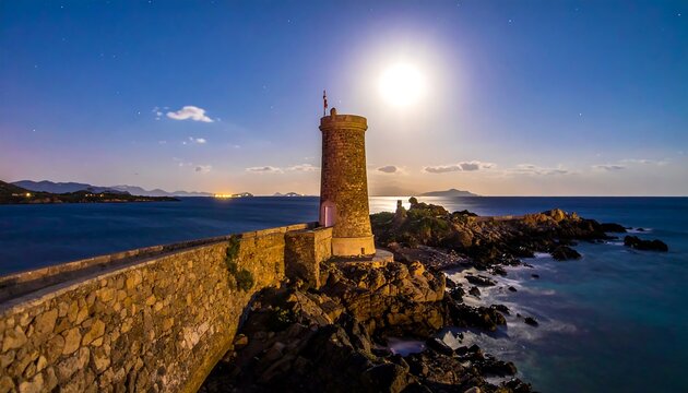 Coastal tower at night under moonlit sky