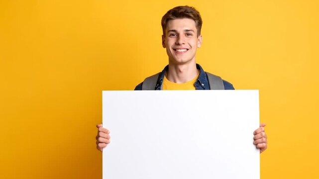 Cheerful young man holding blank sign against yellow background, smiling - Powered by Adobe