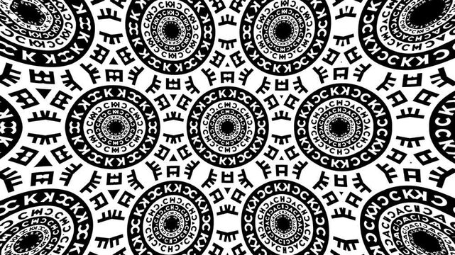 Abstract mandala kaleidoscope background where monochrome letters create ornamental hexagonal grids, seamless dynamic animation evolving rhythmically in geometric minimalist visual flow.