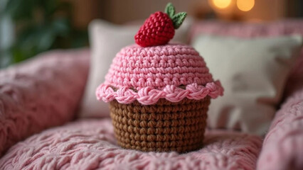 Pink crochet mufin on the sofa