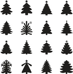 Vector art of collection of black christmas tree silhouettes, featuring various shapes and styles for festive designs and holiday decorations
