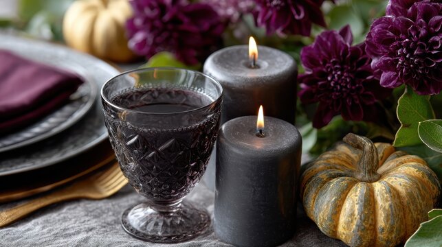 gothic halloween tablescape, elegant halloween dinner setting, featuring black candles, copper accents, gothic florals, and moody lighting rich burgundy and gold with artful gourd displays