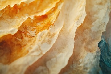 Beautiful layers of abstract natural texture in shades of orange, cream, and blue captured in close-up during afternoon light