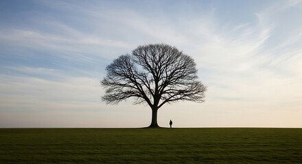 Obraz premium Lone Figure Beneath a Grand Solitary Tree.