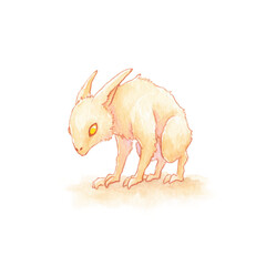 Fantasy creature with rabbit ears and glowing eyes in watercolor illustration
