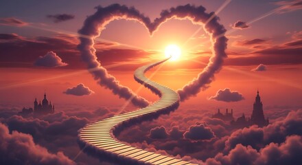 Pathway to Love - Heart Shaped Cloudscape at Sunset.
