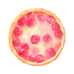 Watercolor cherry tart illustration with golden crust and vibrant red cherries