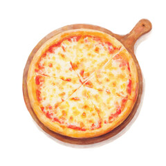 Delicious cheese pizza on wooden serving board