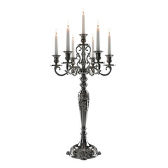 Ornate silver candelabra with lit candles on transparent background