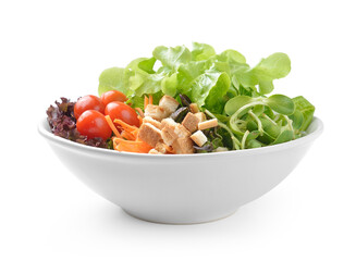 salad bowl isolated on white background, healthy food with fresh lettuce, vegetables, carrot, chicken meat, tomatoes