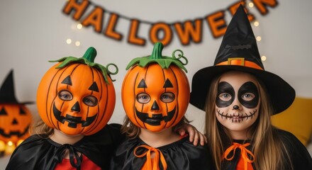 Three children in halloween costumes, two with pumpkin masks and one with skull face paint, posing for a photo