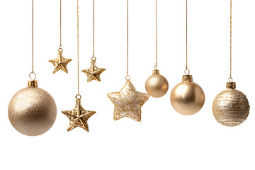 Golden Christmas baubles, stars, and balls hanging on strings, isolated on transparent background. (2)