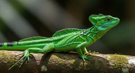 Vibrant green basilisk lizard on mossy branch in natural habitat