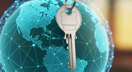 Silver key against a glowing teal digital globe, symbolizing global access, connection, or security A conceptual image for technology, business, or network concepts