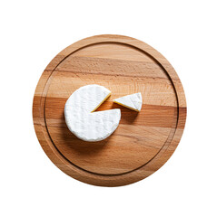 Sliced Camembert with knife on wooden cheese platter, closeup object. Isolated on transparent background