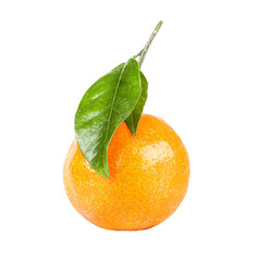 Mandarin with green leafs, closeup object. Isolated on transparent background