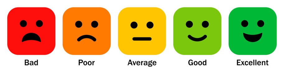 Set of colorful feedback rating emoji icons set in square shape. Bad, poor, average, good and excellent rating emoji icon set isolated on white background. Vector illustration.