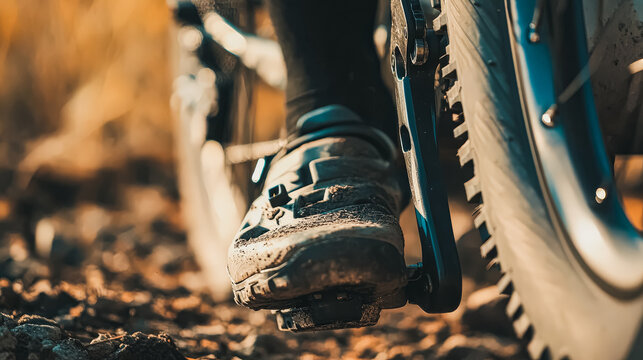 Close-up view of a cyclist's foot firmly positioned on the pedal of a mountain bike, highlighting the rugged terrain and dynamic movement in an outdoor adventure environment