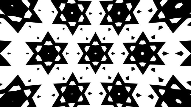 Abstract kaleidoscope mandala background of monochrome letters arranged into glowing hexagonal ornamental grids, seamless geometric dynamic animation with hypnotic rhythmic evolution.