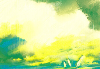 Fototapeta premium Modern/Abstract/Impressionistic seascape of a trio of boats at sunrise or sunset in vibrant colors under misty foggy clouds in the sky-Digital Painting, Art, Illustration, with Canvas & Paint Texture