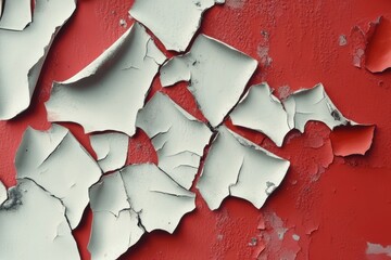 Peeling white paint on a vibrant red surface showcasing texture and decay in an urban setting during daylight hours