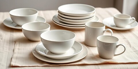 Sleek white ceramic dinner plates, bowls, and mugs on a linen tablecloth,  blank,  porcelain