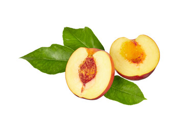 ripe halved peach with leaves isolated on white or transparent png