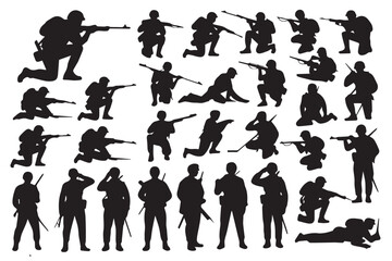 army combat silhouette pack vector of soldiers in action with tactical rifle poses kneeling standing crouching prone