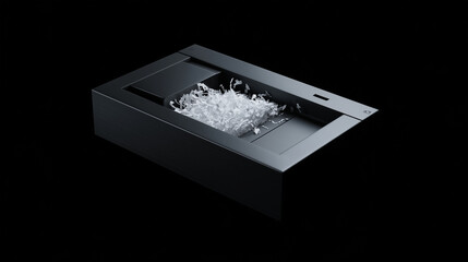 Dark grey texture shows a shredder filled with white paper bits. This is ideal for advertising, product photography, or office supply promotions.