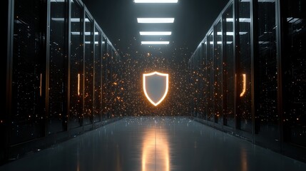 A server room with glowing shield and racks providing data security and information technology solutions