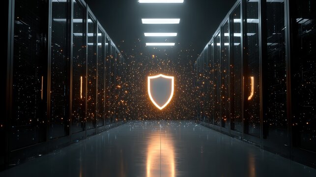 A server room with glowing shield and racks providing data security and information technology solutions